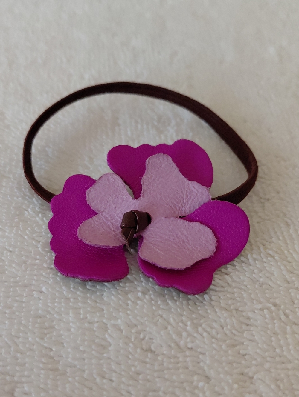Pink Leather Flower Elastic Hair Tie
